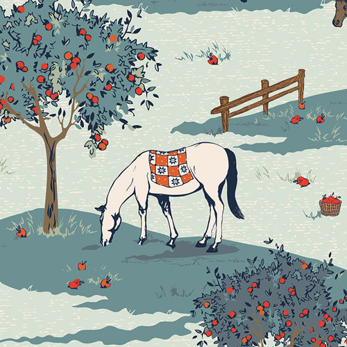Illustration of a horse grazing under an apple tree with a wooden fence in the background.