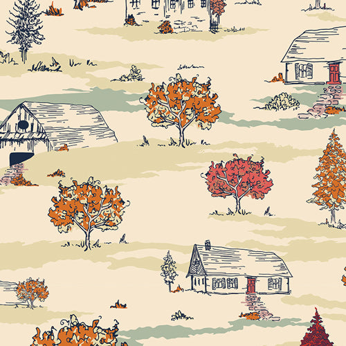 Pattern of small houses and trees with autumn foliage on a beige background