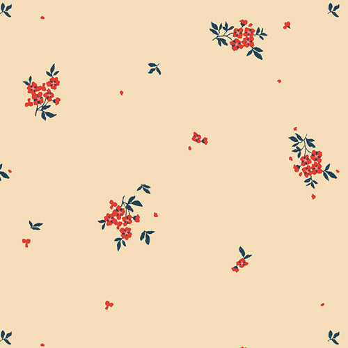 Pattern of red flowers and green leaves on a beige background