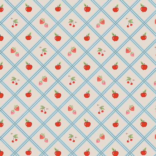 Pattern of red apples, strawberries, and cherries on a blue and beige checkered background