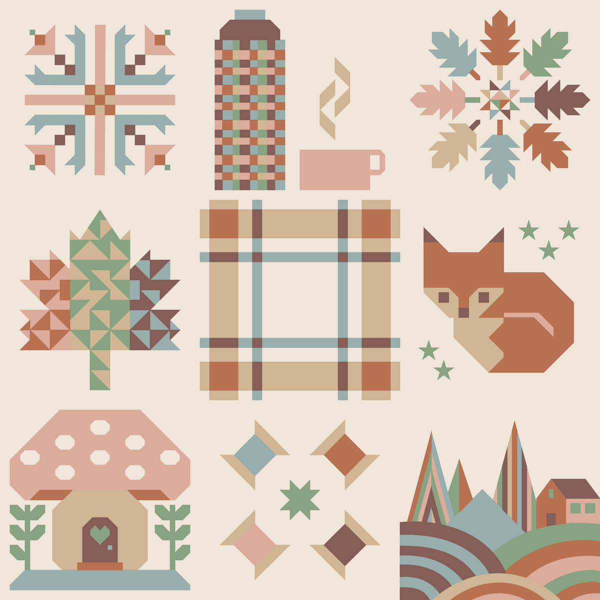 A collection of nine geometric, retro-style illustrations arranged in a 3x3 grid on a light beige background. The designs include a Union Jack pattern, a coffee mug and hot air balloon, autumn leaves, a tree, a plaid pattern, a sleeping fox, a mushroom house, stars, and a mountain landscape.