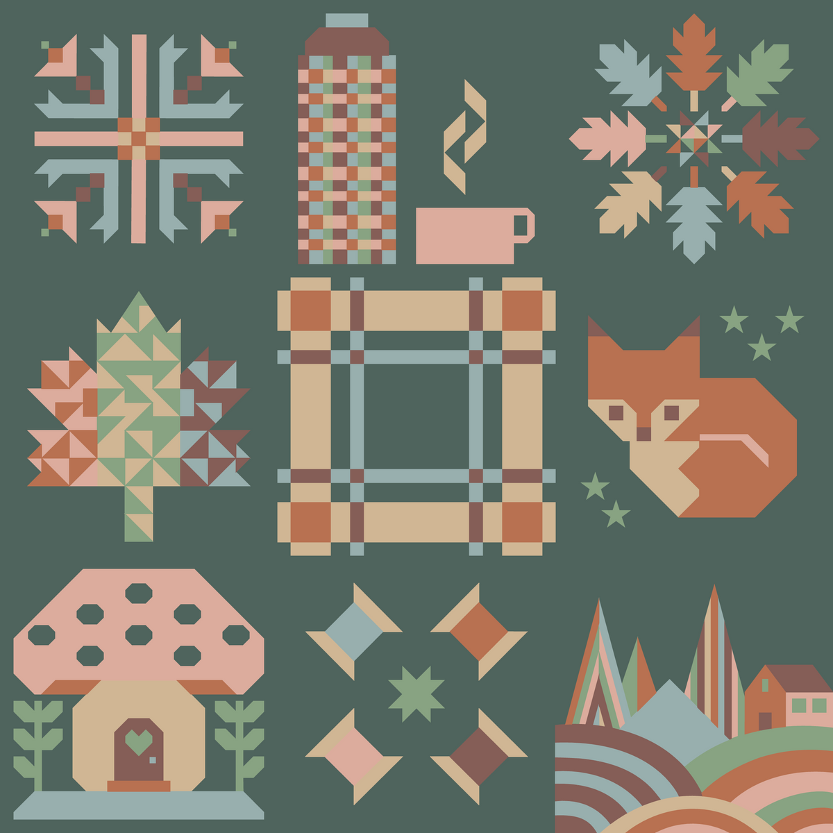A set of geometric, pixel-art style autumn and fall-themed icons arranged on a dark green background, including a house, mushroom, tree, plaid frame, mug, bottle, leaves, fox, stars, and hills.