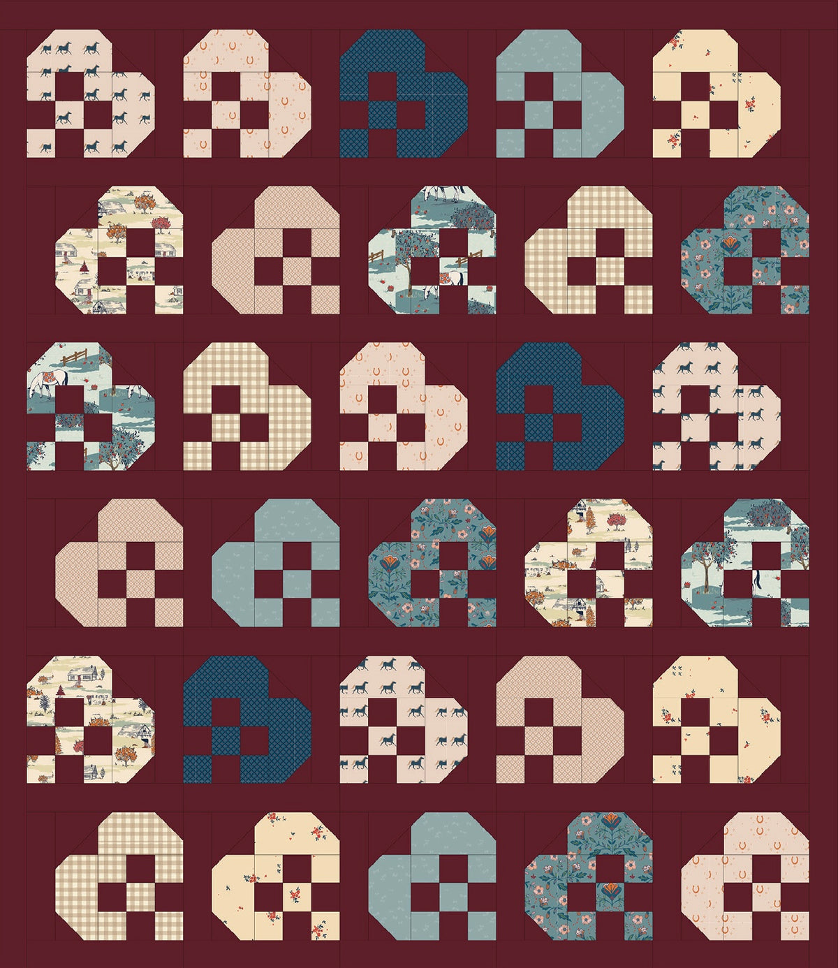 A quilted fabric panel featuring a grid of stylized letter 'A' shapes in cream, light blue, and dark teal, set against a deep burgundy background.